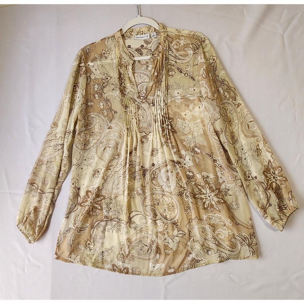 Susan Graver Paisley Pintuck Tunic Blouse Beige‎ Tan Long Sleeve Medium